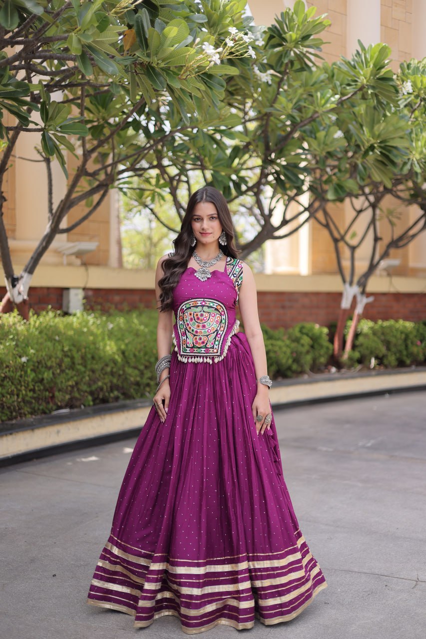 Rayon With Attractive Mukesh-work With Patti Lace work Lehenga , Blouse For Navratri