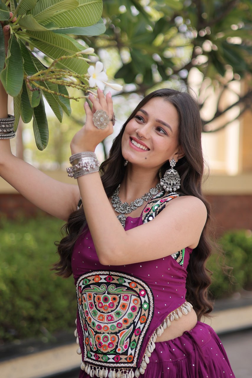 Rayon With Attractive Mukesh-work With Patti Lace work Lehenga , Blouse For Navratri