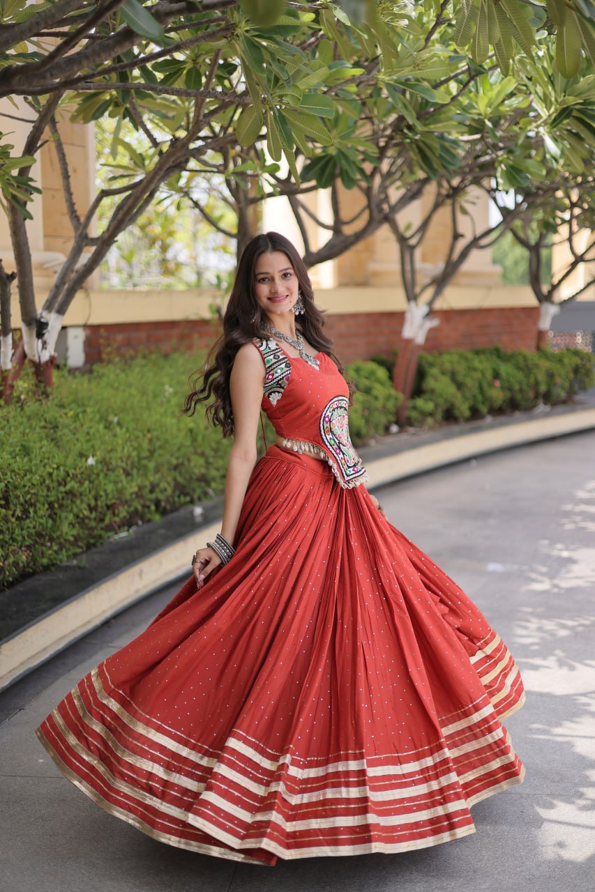 Rayon With Attractive Mukesh-work With Patti Lace work Lehenga , Blouse For Navratri