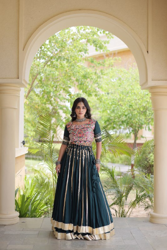 Designer Reyon Gota Patti work Lehegna With embroidered Real Mirror work Blouse For Garba Night