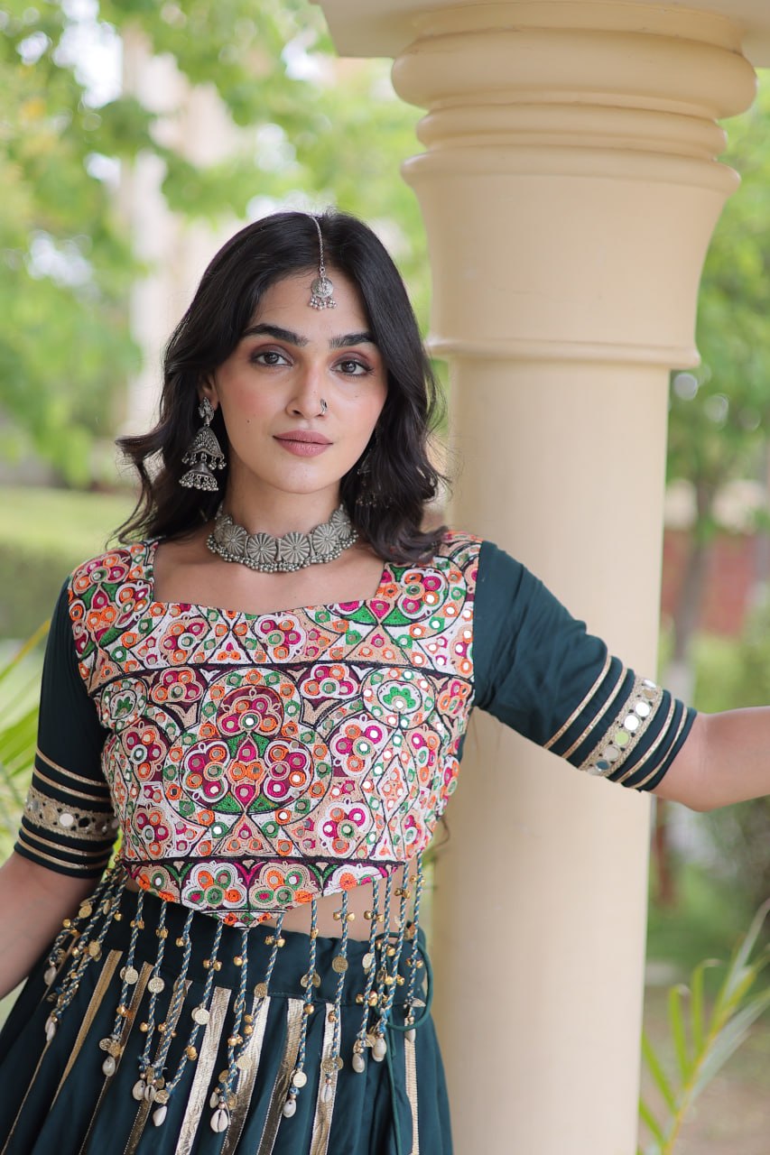 Designer Reyon Gota Patti work Lehegna With embroidered Real Mirror work Blouse For Garba Night