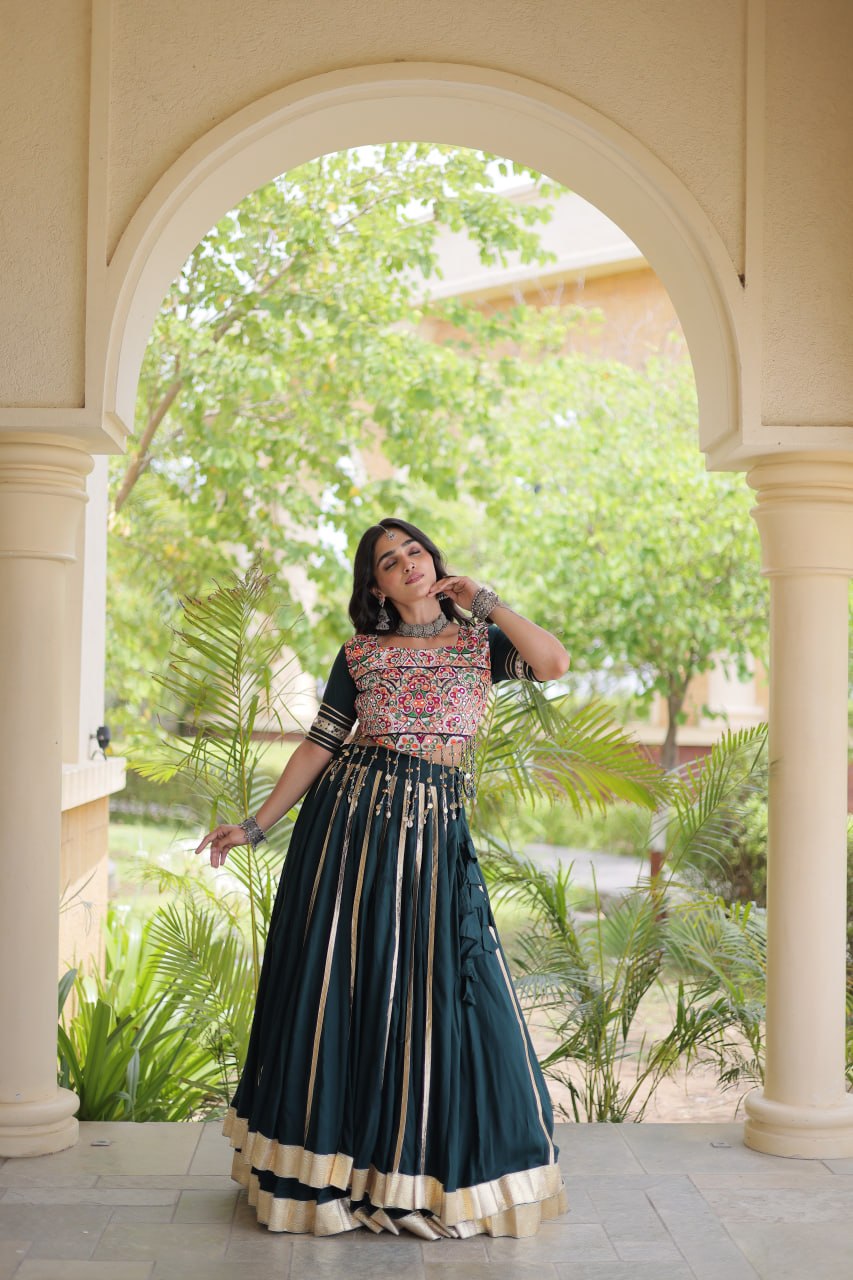 Designer Reyon Gota Patti work Lehegna With embroidered Real Mirror work Blouse For Garba Night