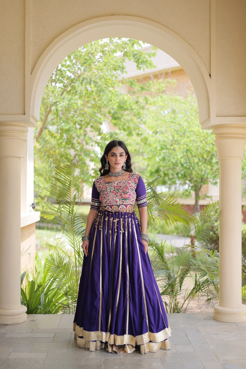 Designer Reyon Gota Patti work Lehegna With embroidered Real Mirror work Blouse For Garba Night