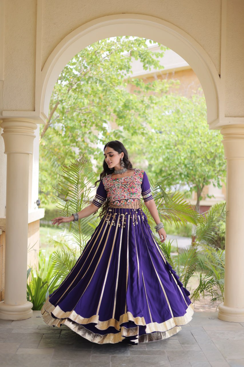 Designer Reyon Gota Patti work Lehegna With embroidered Real Mirror work Blouse For Garba Night