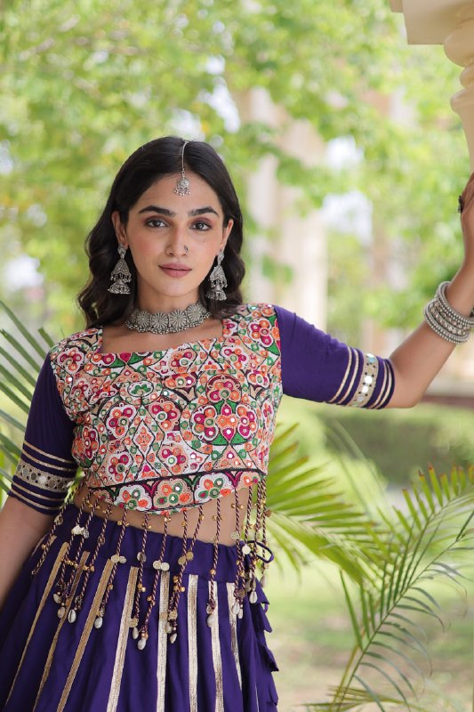 Designer Reyon Gota Patti work Lehegna With embroidered Real Mirror work Blouse For Garba Night