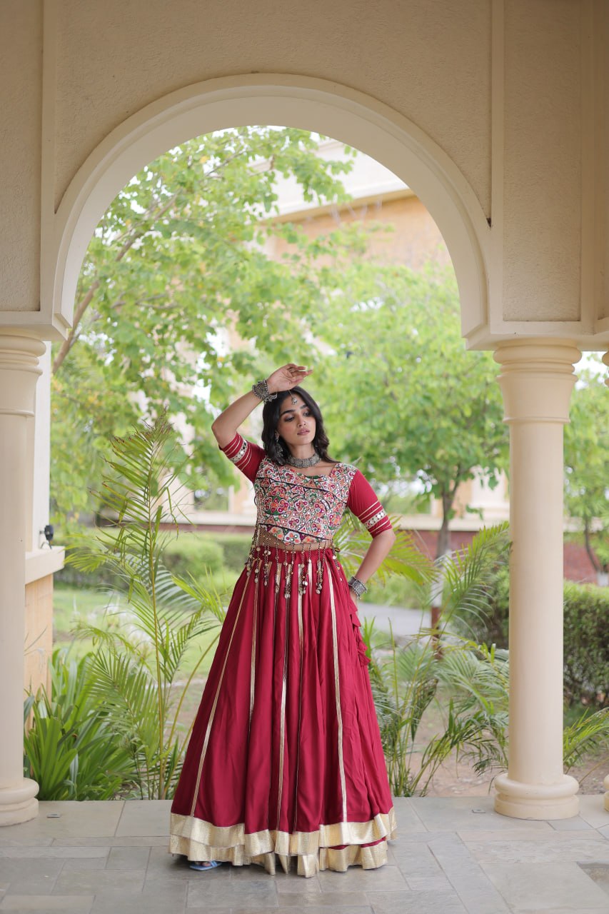 Designer Reyon Gota Patti work Lehegna With embroidered Real Mirror work Blouse For Garba Night