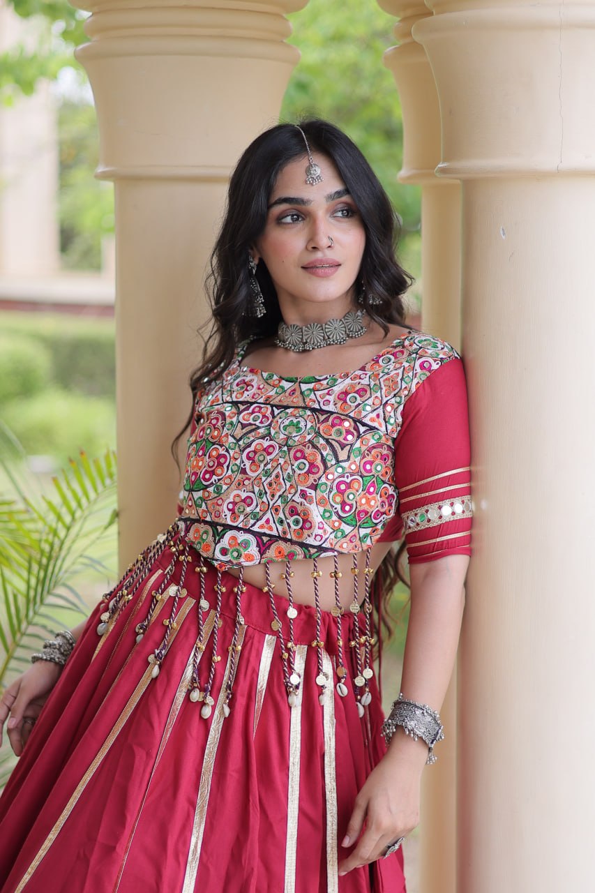 Designer Reyon Gota Patti work Lehegna With embroidered Real Mirror work Blouse For Garba Night