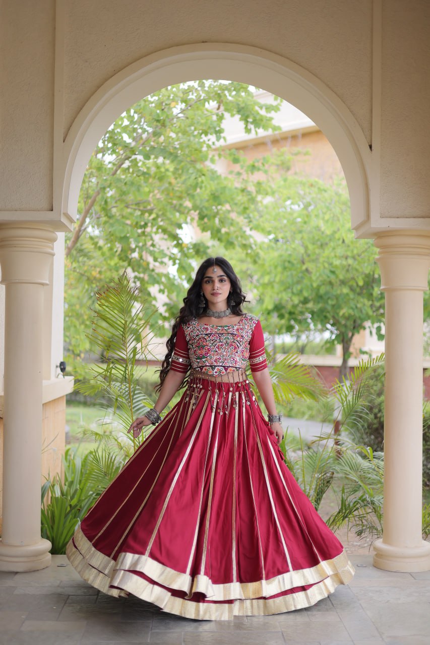 Designer Reyon Gota Patti work Lehegna With embroidered Real Mirror work Blouse For Garba Night