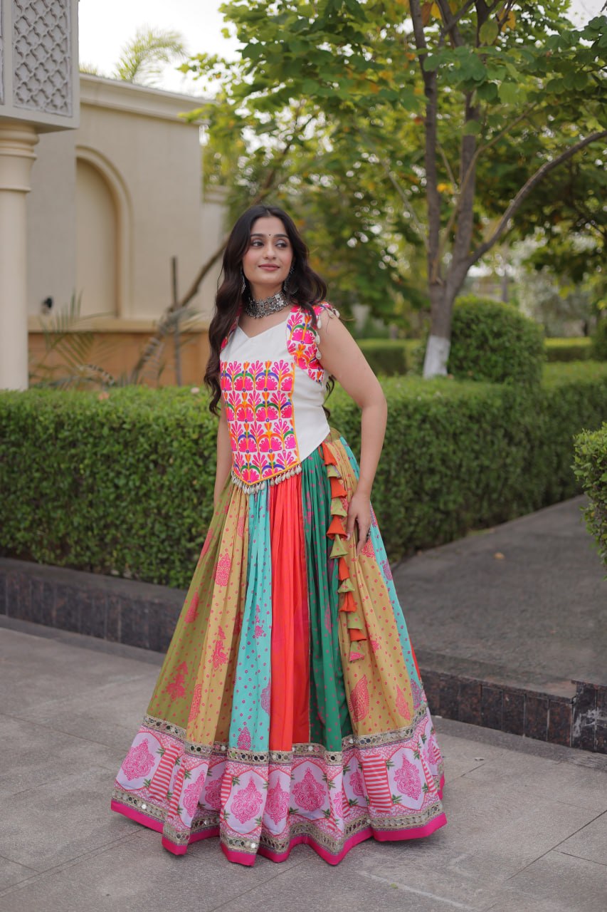 Designer Cotton Printed Mirror Work Lehenga Choli with Kutchi Gamthi Blouse for Garba
