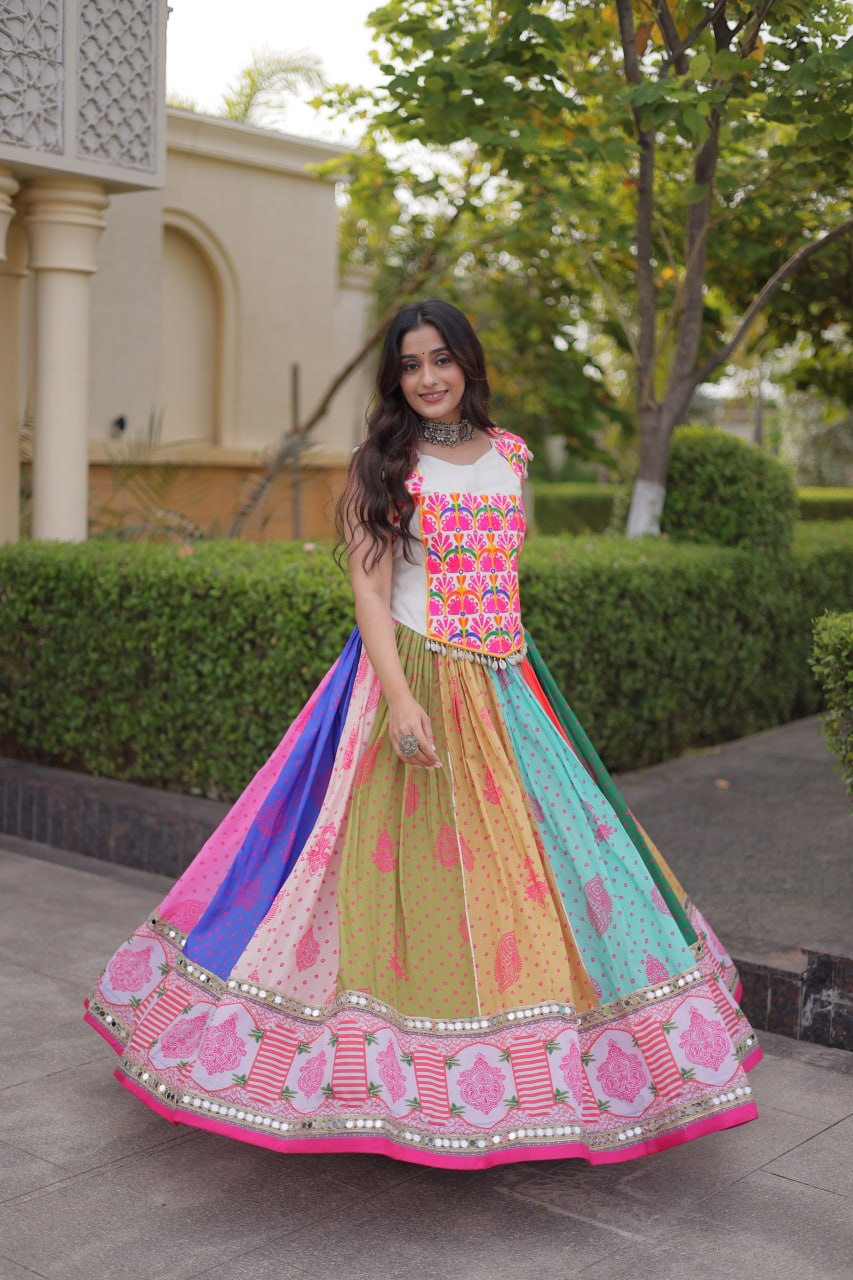 Designer Cotton Printed Mirror Work Lehenga Choli with Kutchi Gamthi Blouse for Garba