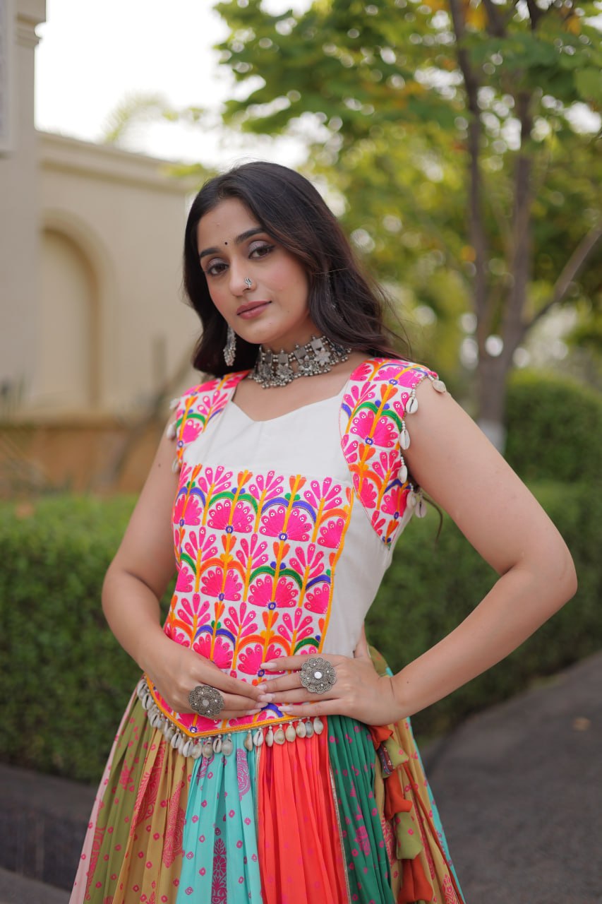 Designer Cotton Printed Mirror Work Lehenga Choli with Kutchi Gamthi Blouse for Garba