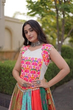 Designer Cotton Printed Mirror Work Lehenga Choli with Kutchi Gamthi Blouse for Garba