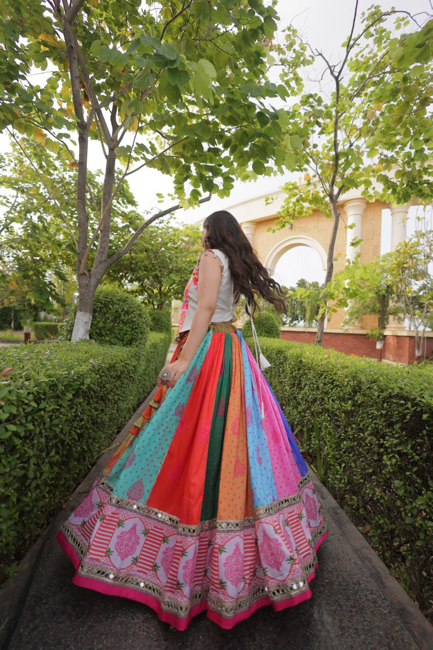 Designer Cotton Printed Mirror Work Lehenga Choli with Kutchi Gamthi Blouse for Garba