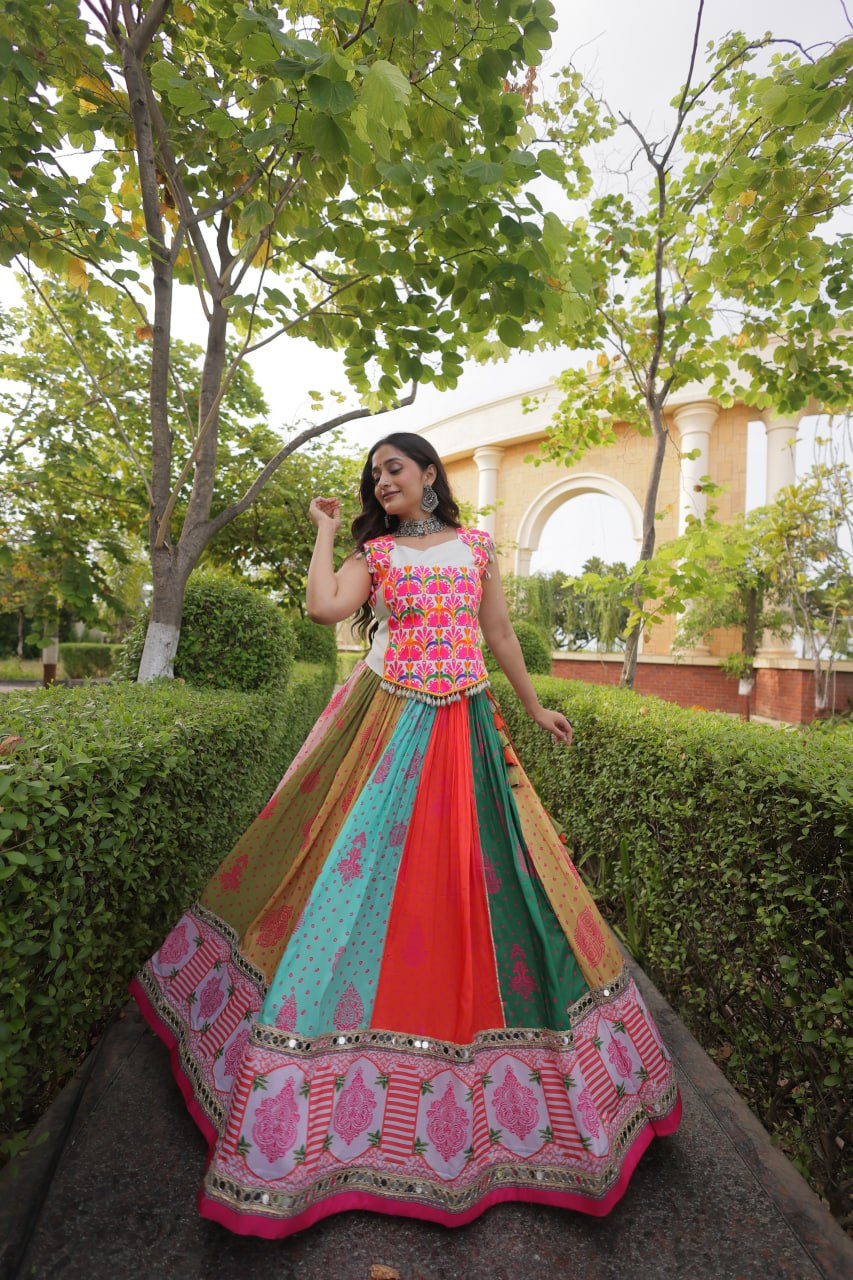 Designer Cotton Printed Mirror Work Lehenga Choli with Kutchi Gamthi Blouse for Garba