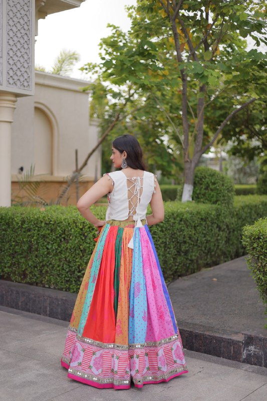 Designer Cotton Printed Mirror Work Lehenga Choli with Kutchi Gamthi Blouse for Garba