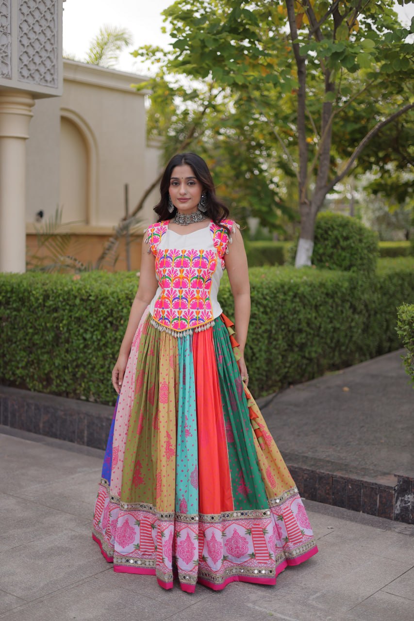 Designer Cotton Printed Mirror Work Lehenga Choli with Kutchi Gamthi Blouse for Garba