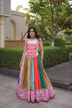 Designer Cotton Printed Mirror Work Lehenga Choli with Kutchi Gamthi Blouse for Garba