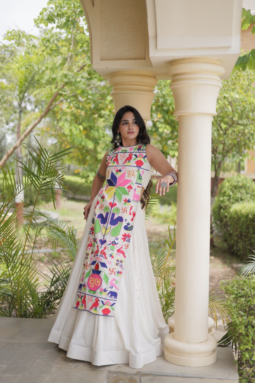 Elegant Cotton Lehenga Choli with Gamthi Embroidered Blouse for Festive Garba
