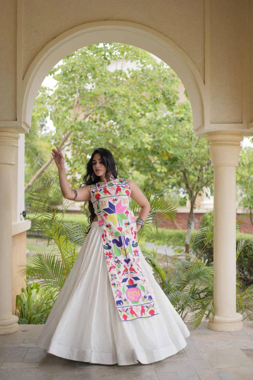 Elegant Cotton Lehenga Choli with Gamthi Embroidered Blouse for Festive Garba