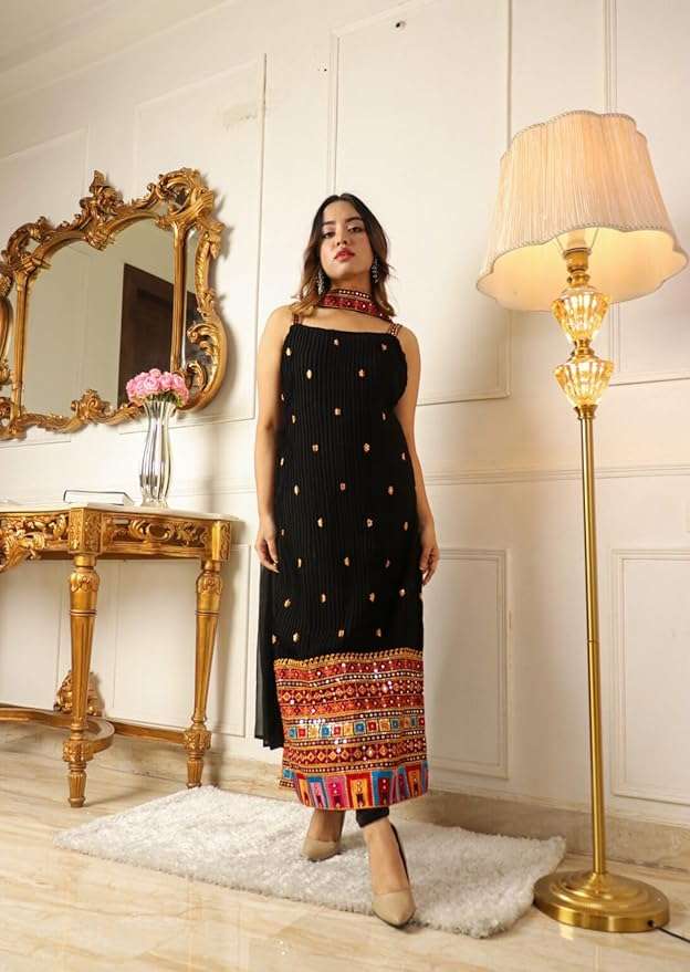 Women's Georgette Embroidery Straight Kurta with Dupatta Bottom Set