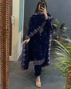 Luxury Blue Velvet Top-Pant Set with Sequin Work Festive & Wedding Look