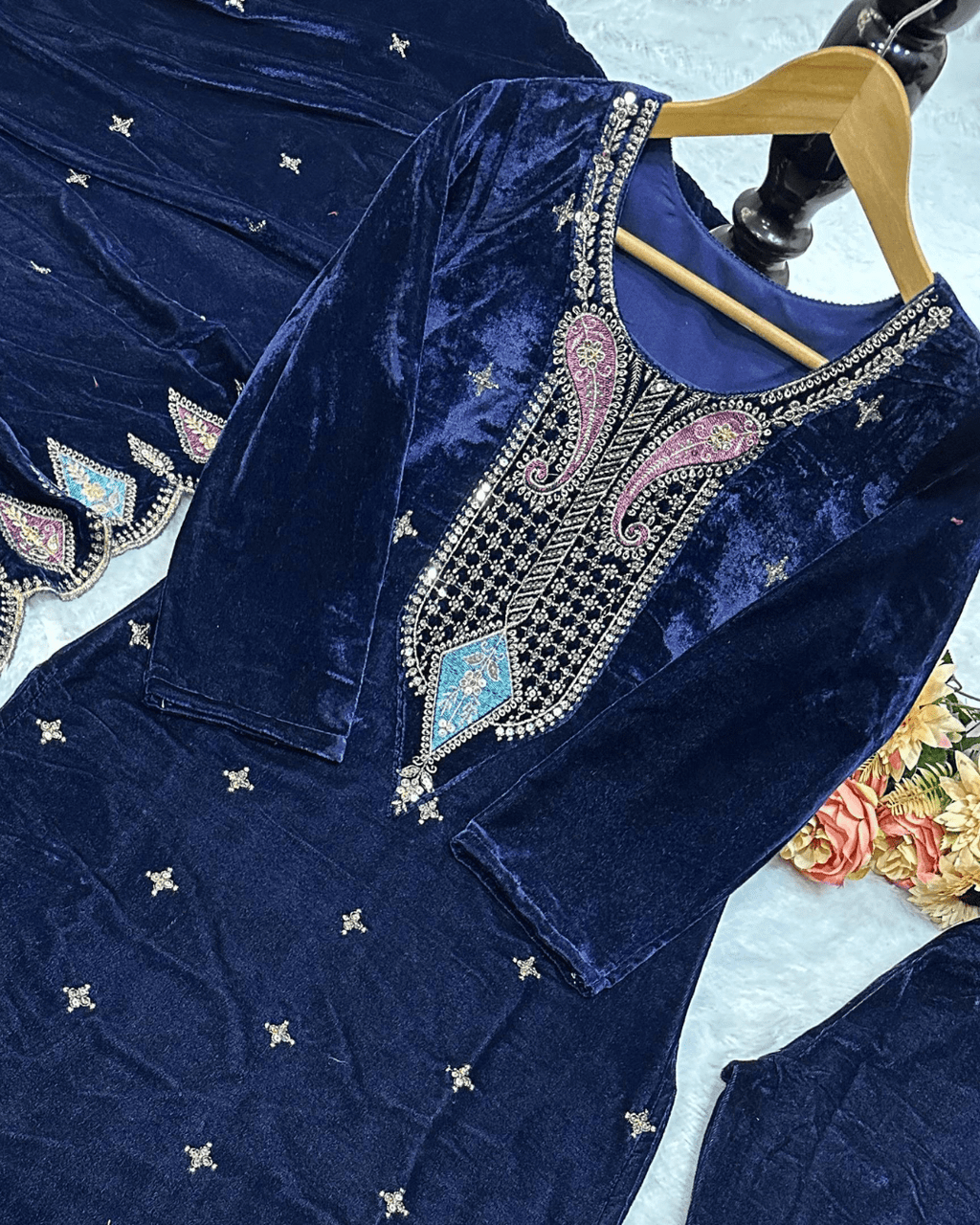 Luxury Blue Velvet Top-Pant Set with Sequin Work Festive & Wedding Look