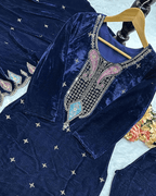 Luxury Blue Velvet Top-Pant Set with Sequin Work Festive & Wedding Look
