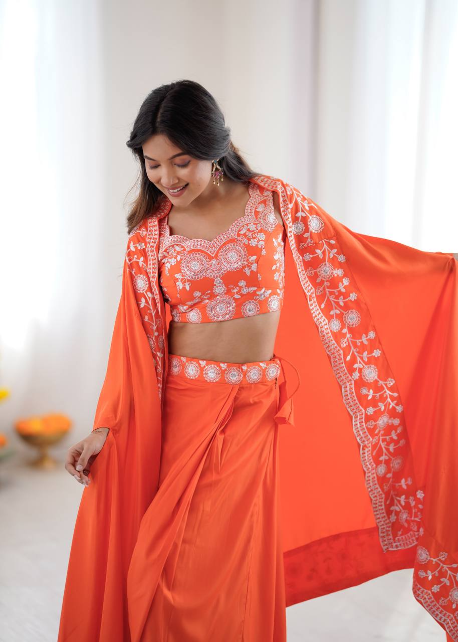Elegant Dhoti Choli with Embroidered Long Shrug for Festive Celebrations