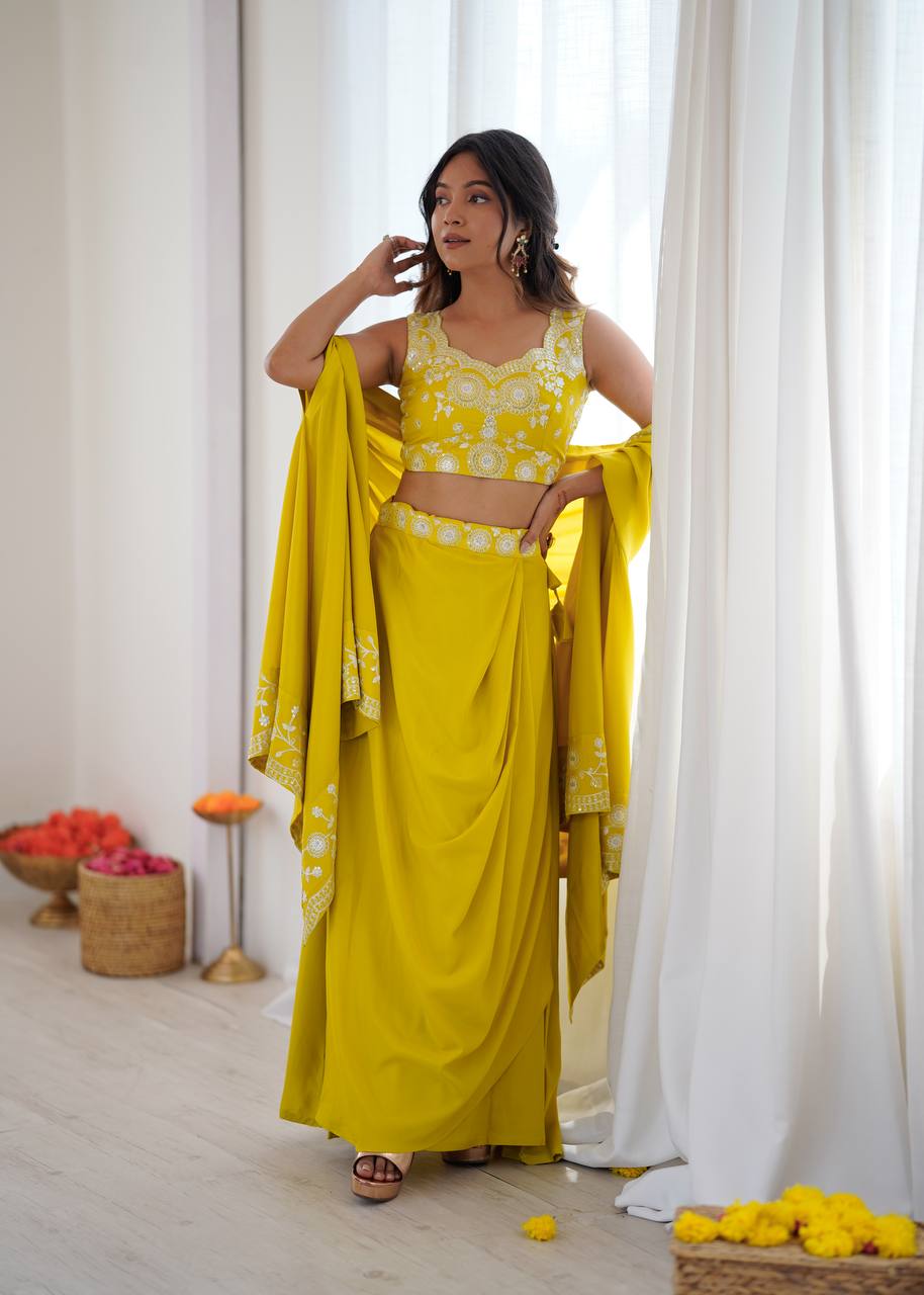 Elegant Dhoti Choli with Embroidered Long Shrug for Festive Celebrations