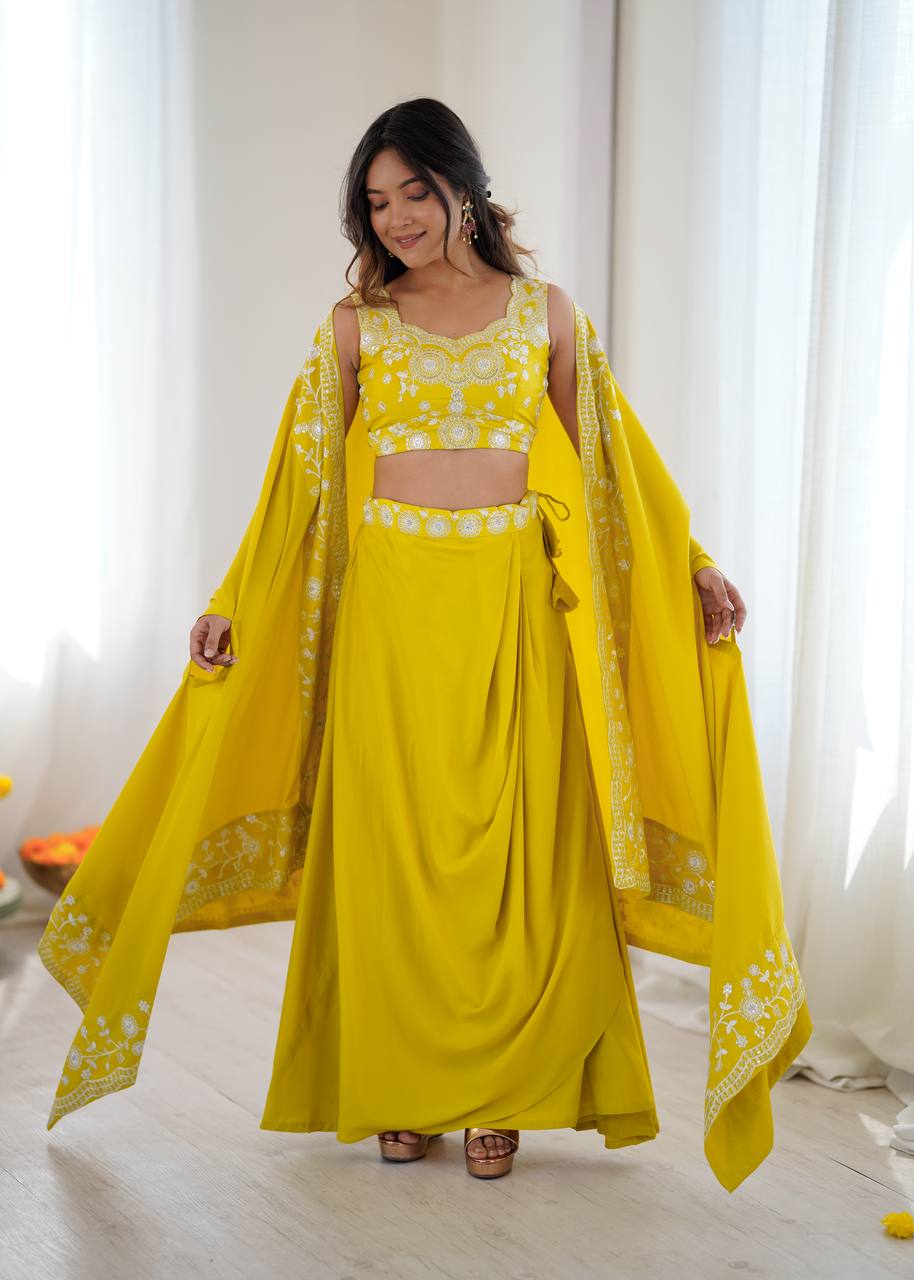 Elegant Dhoti Choli with Embroidered Long Shrug for Festive Celebrations