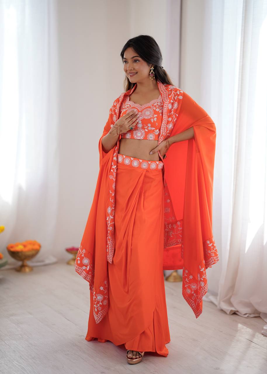 Elegant Dhoti Choli with Embroidered Long Shrug for Festive Celebrations