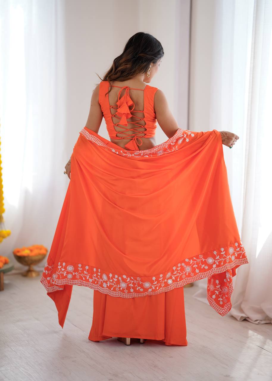 Elegant Dhoti Choli with Embroidered Long Shrug for Festive Celebrations
