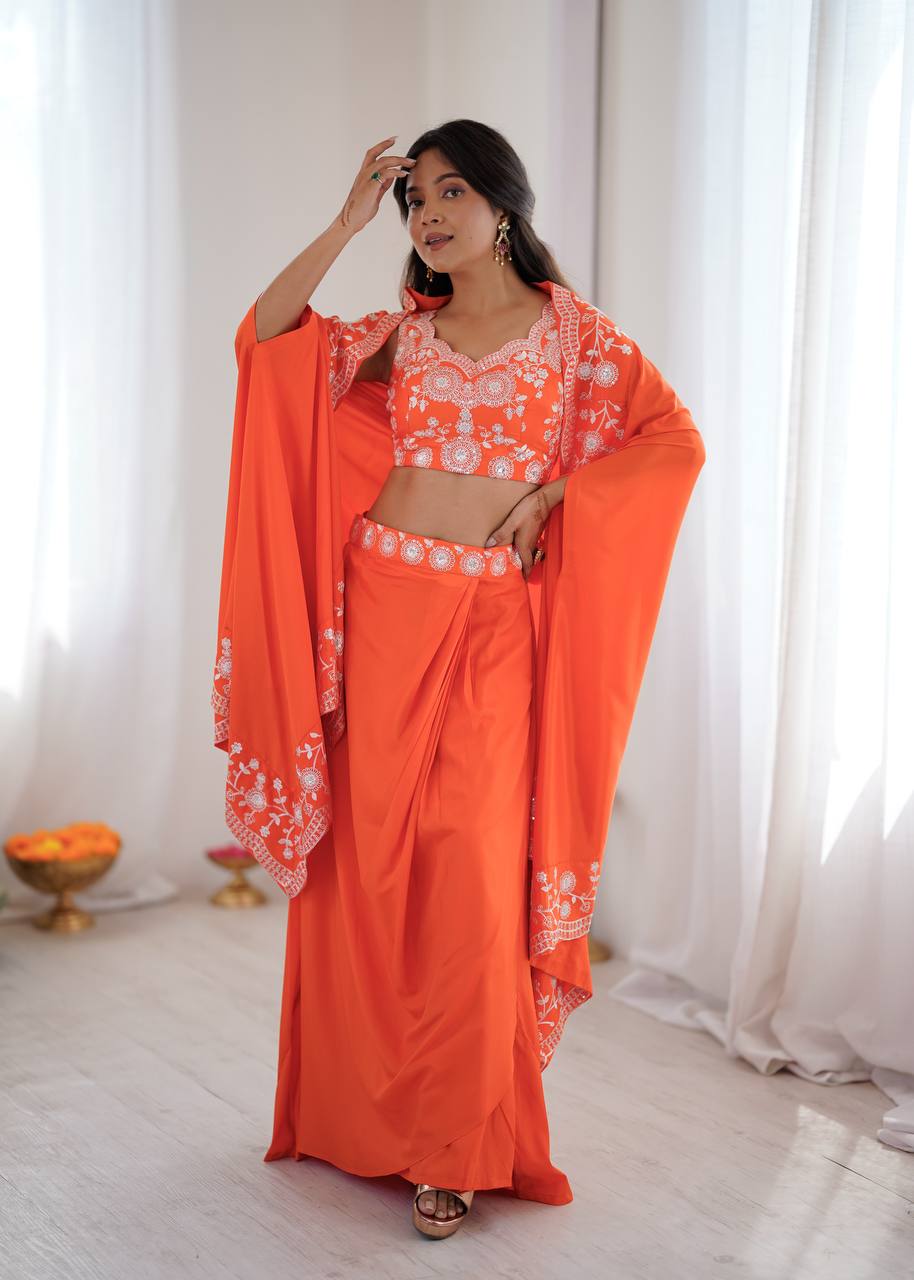 Elegant Dhoti Choli with Embroidered Long Shrug for Festive Celebrations