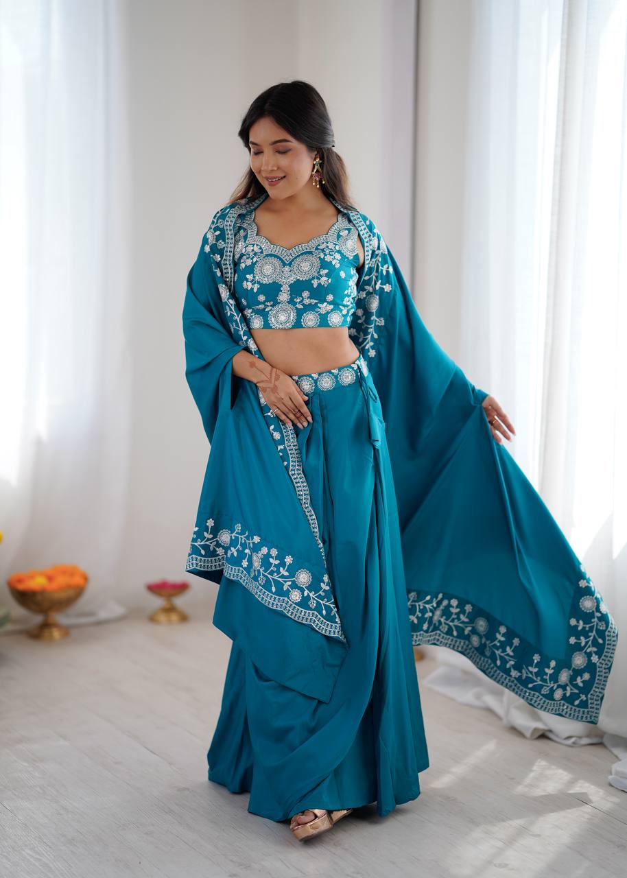 Elegant Dhoti Choli with Embroidered Long Shrug for Festive Celebrations