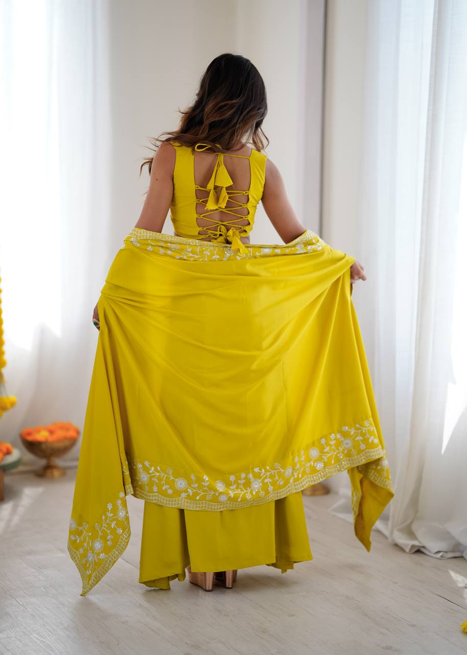 Elegant Dhoti Choli with Embroidered Long Shrug for Festive Celebrations