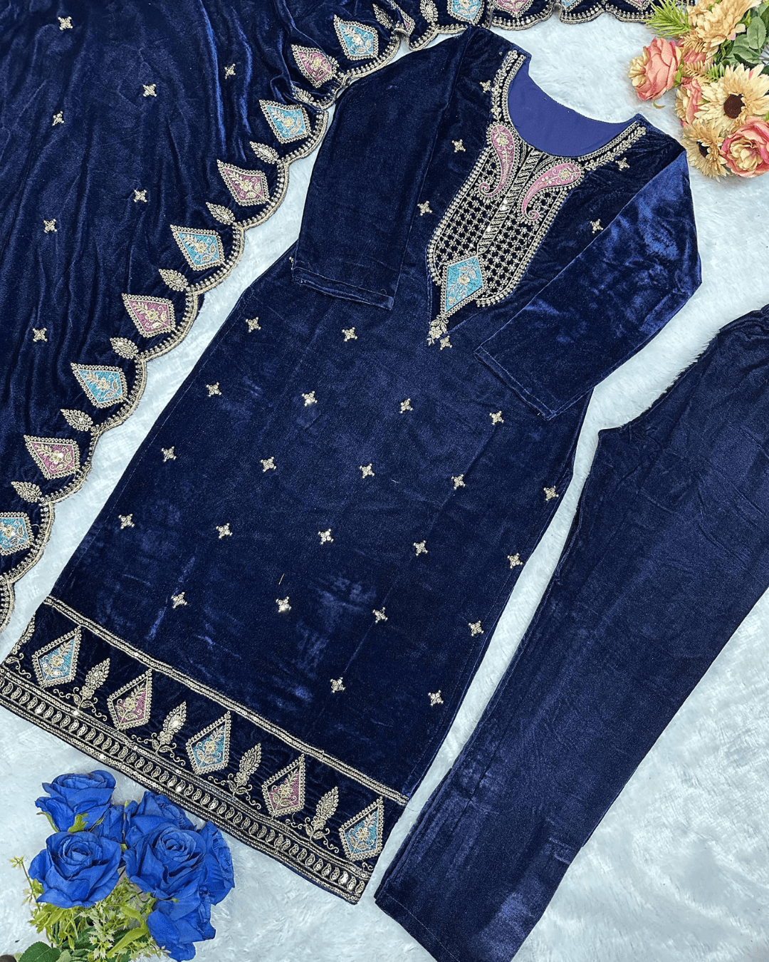 Luxury Blue Velvet Top-Pant Set with Sequin Work Festive & Wedding Look
