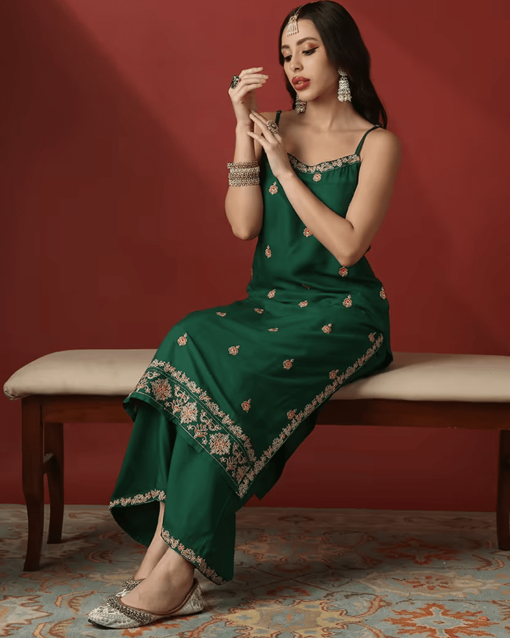 Women Green Strappy shoulder floral Embroidered straight kurta with wide leg pants festive set