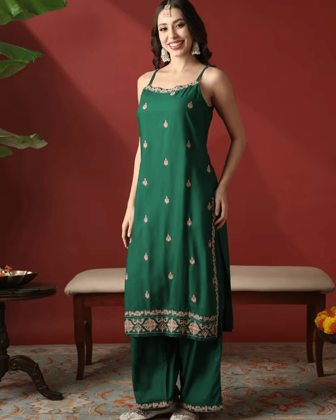 Women Green Strappy shoulder floral Embroidered straight kurta with wide leg pants festive set