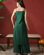 Women Green Strappy shoulder floral Embroidered straight kurta with wide leg pants festive set