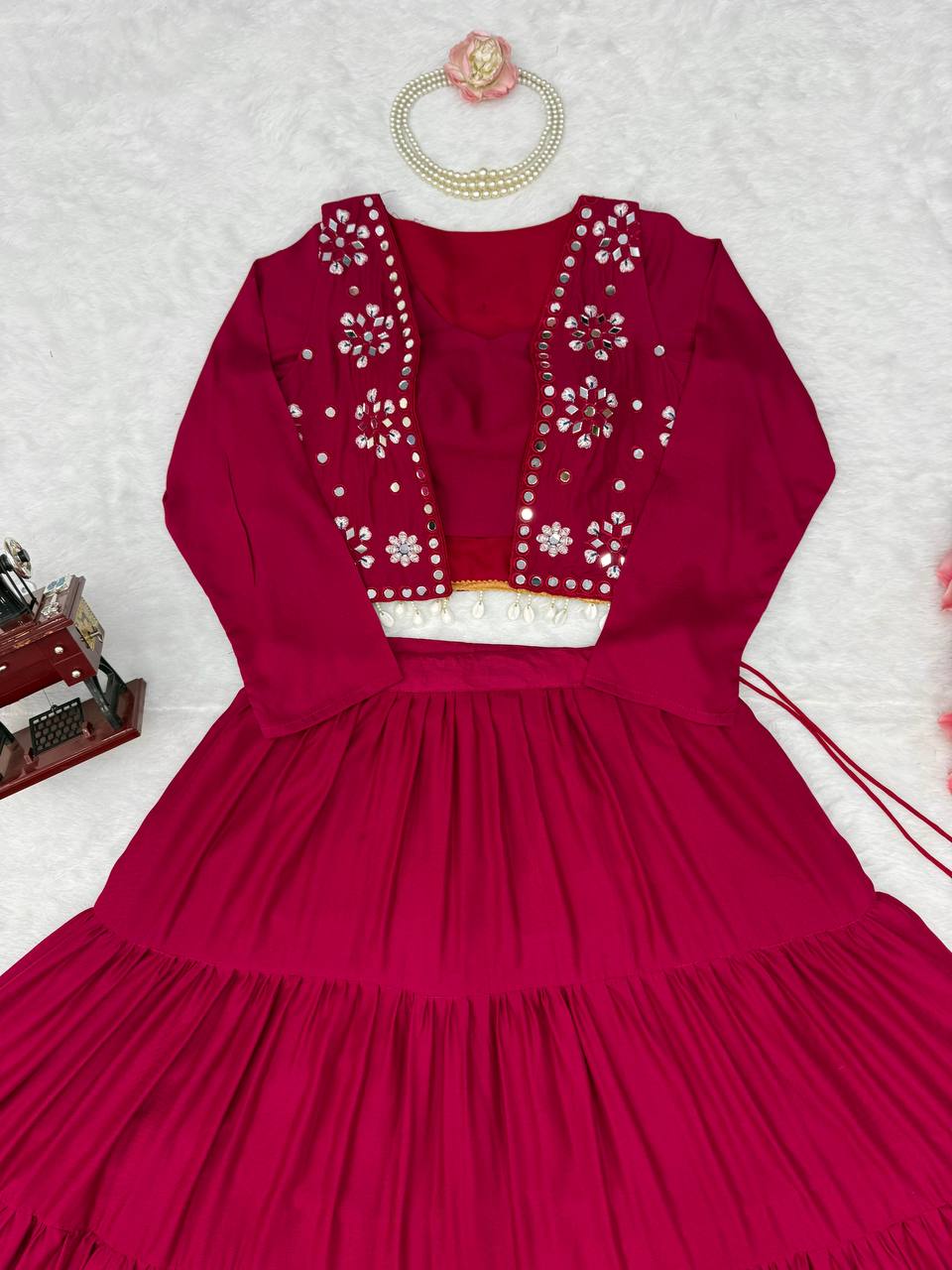 Marron Royale Flared Lehenga Choli with Mirror Koti, Glam Garba Dandiya Festive Wear