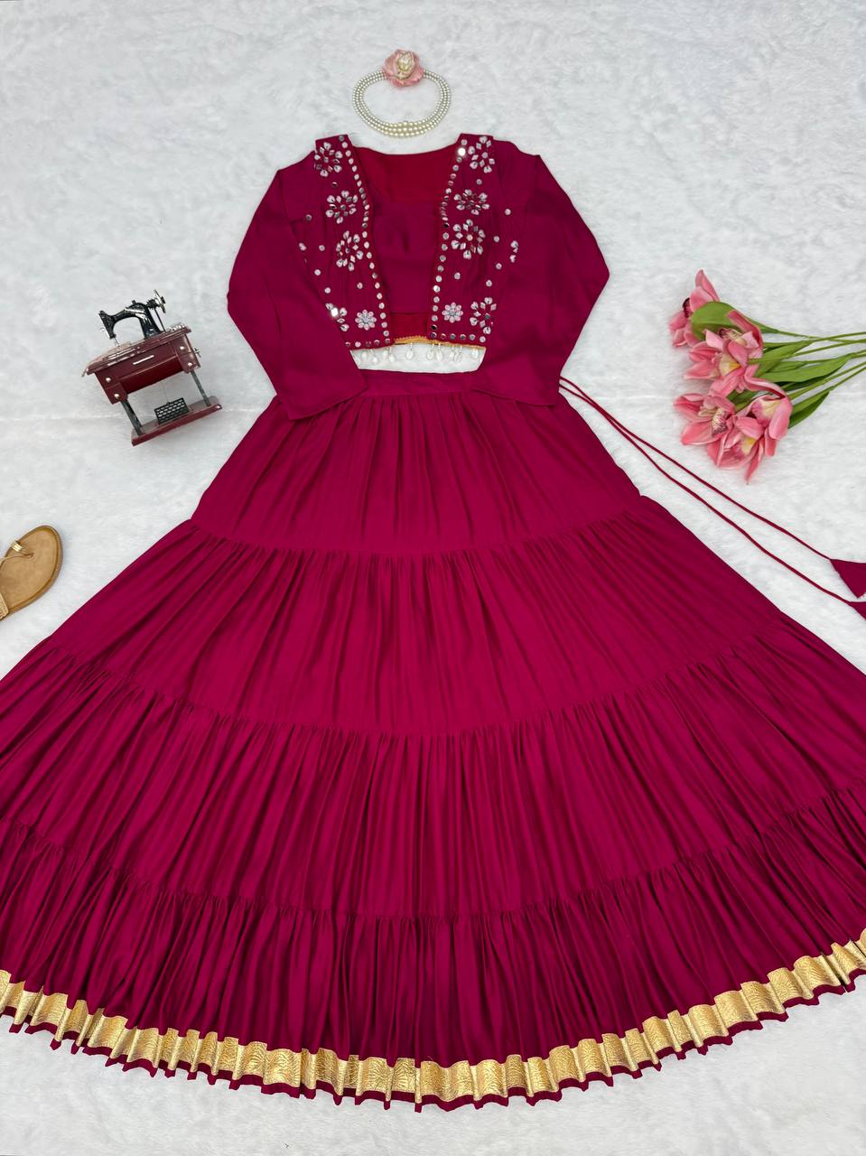 Marron Royale Flared Lehenga Choli with Mirror Koti, Glam Garba Dandiya Festive Wear