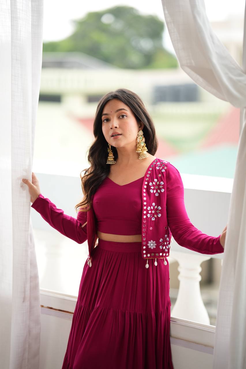 Marron Royale Flared Lehenga Choli with Mirror Koti, Glam Garba Dandiya Festive Wear
