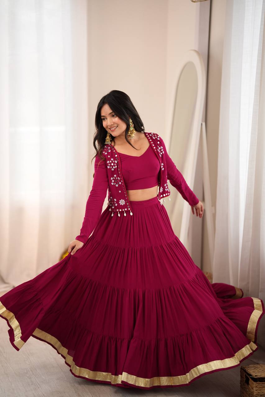 Marron Royale Flared Lehenga Choli with Mirror Koti, Glam Garba Dandiya Festive Wear