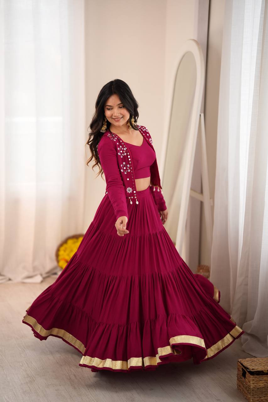 Marron Royale Flared Lehenga Choli with Mirror Koti, Glam Garba Dandiya Festive Wear