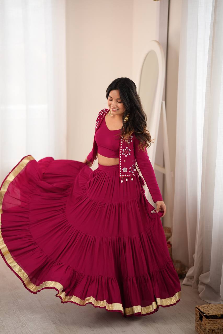 Marron Royale Flared Lehenga Choli with Mirror Koti, Glam Garba Dandiya Festive Wear