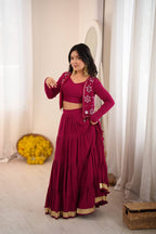 Marron Royale Flared Lehenga Choli with Mirror Koti, Glam Garba Dandiya Festive Wear