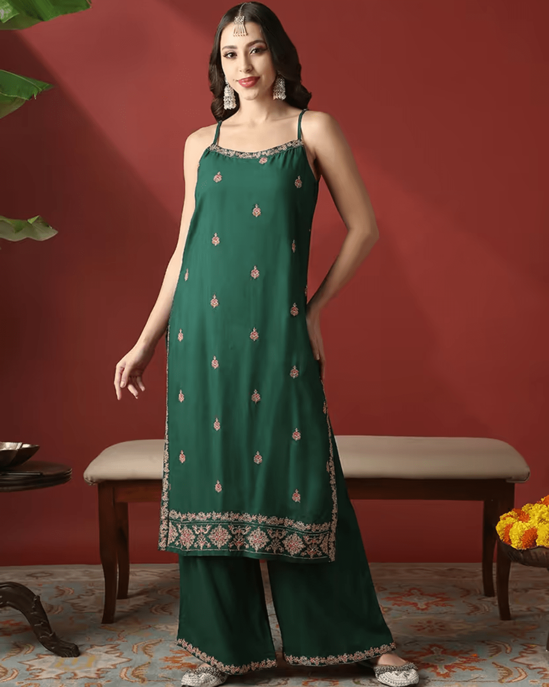 Women Green Strappy shoulder floral Embroidered straight kurta with wide leg pants festive set