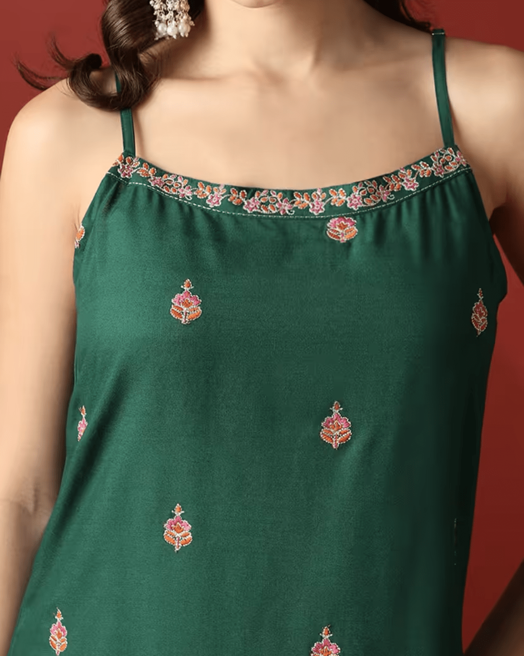 Women Green Strappy shoulder floral Embroidered straight kurta with wide leg pants festive set
