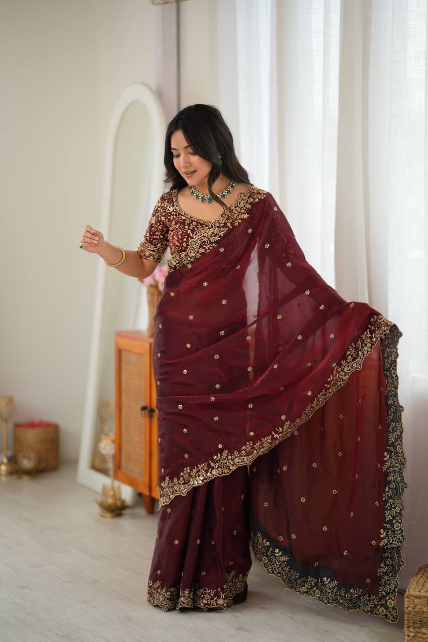 Elegant Thread & Sequin Embroidery Silk Saree With Blouse -Perfect For Festival & Parties