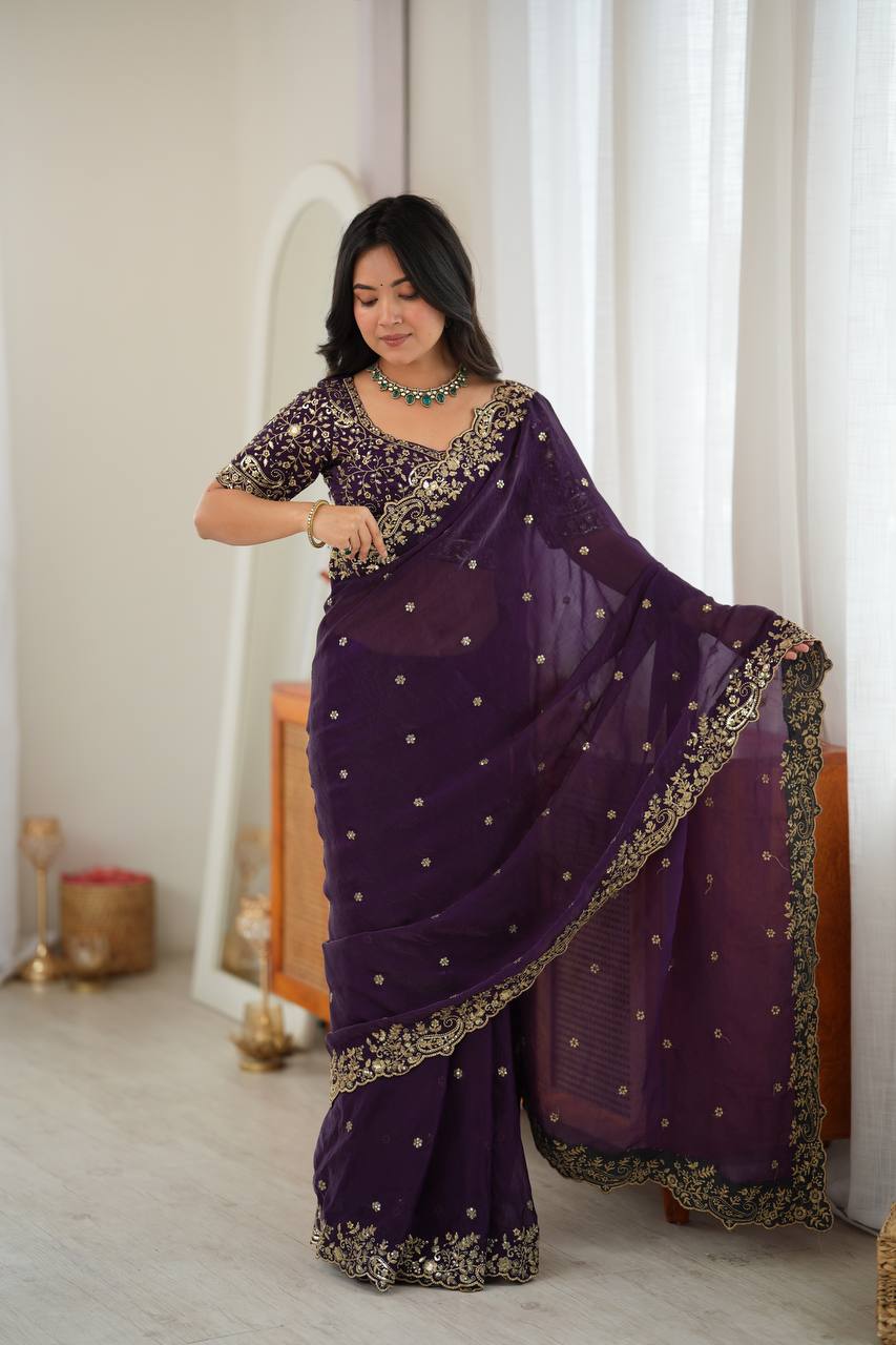 Elegant Thread & Sequin Embroidery Silk Saree With Blouse -Perfect For Festival & Parties